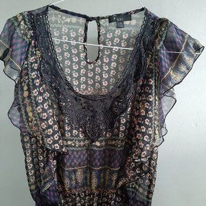 XXI Black Sheer Frill Short Sleeve Large Top